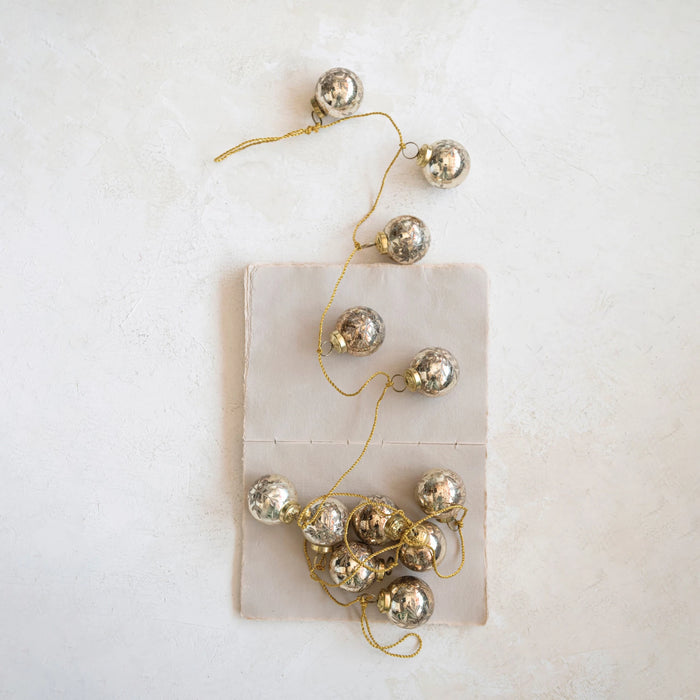 72"L Etched Mercury Glass Ball Ornament Garland w/ Snowflakes, Antique Gold Finish