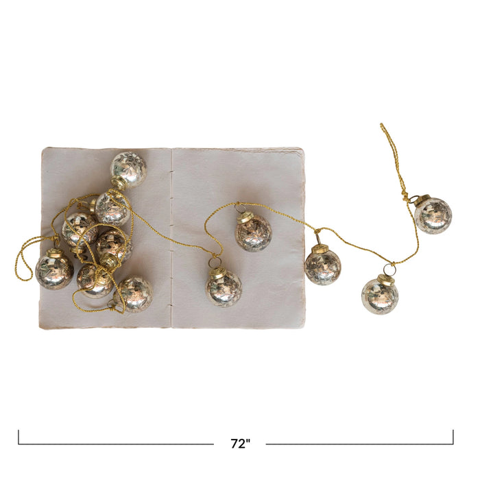 72"L Etched Mercury Glass Ball Ornament Garland w/ Snowflakes, Antique Gold Finish